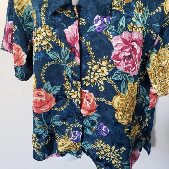 Victoria's Secret Vintage Gold Label Silky Navy Blue Pajama Top Shirt Floral Med - Picture 8 of 8